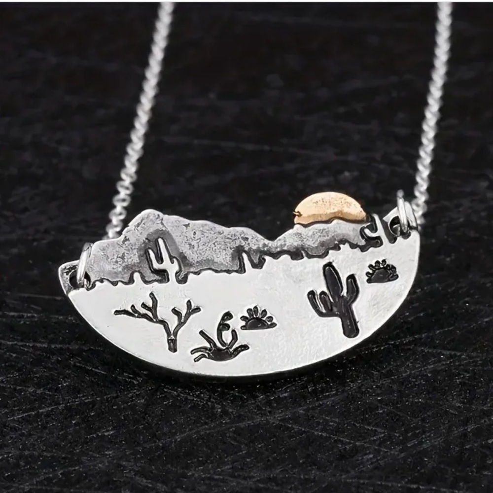 Bohemian Desert Sunset Cactus Pendant Necklace